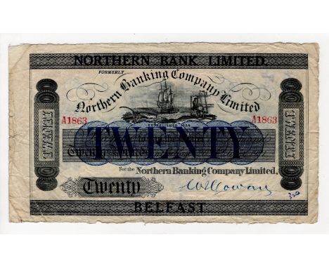 Northern Ireland, Northern Bank Limited 20 Pounds dated 20th October 1921 (issued 1929), large blue-black overprint on preced