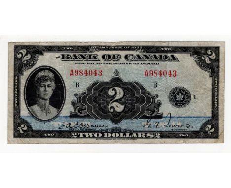 Canada 2 Dollars dated 1935, signed Osborne &amp; Towers, portrait Queen Mary at left, serial A984043 (BNB B303a, Pick40) Fin