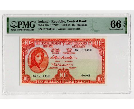 Ireland Republic 10 Shillings dated 6th June 1968, last date of issue, Lady Lavery portrait at left, serial 87P251450 (PMI LT
