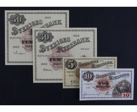 Sweden (4), 50 Kronor dated 1953 (2), two different signature varieties, serial O 411385 &amp; R 374193 (Pick35af) dents in p