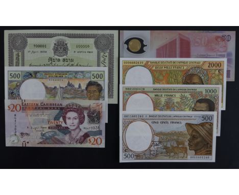 World (7), Central African States Chad 2000 Francs, 1000 Francs, 500 Francs issued 1993 - 2000, China (Taiwan) 50 Yuan Polyme