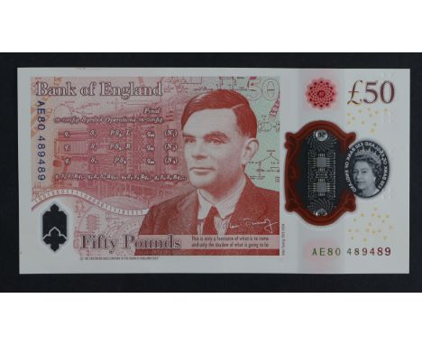 Sarah John 50 Pounds (B418), polymer issue with portrait of Alan Turing on reverse, a LAST RUN 'AE80' prefix with REPEATER nu