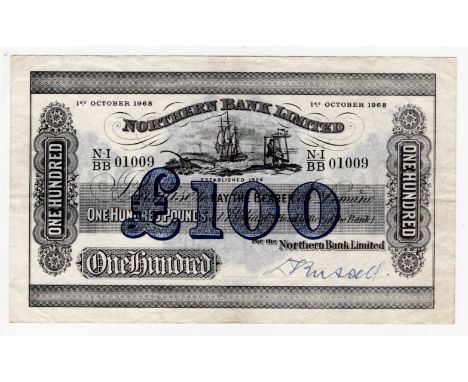 Northern Ireland, Northern Bank Limited 100 Pounds dated 1st October 1968, manuscript signature D. Russell, serial N-I/BB 010