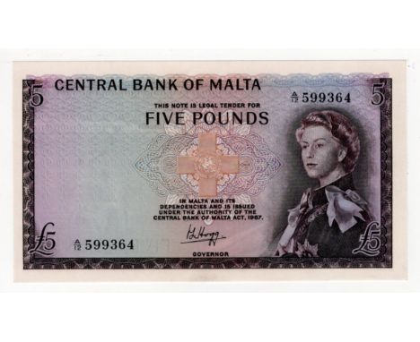 Malta 5 Pounds issued 1968, Queen Elizabeth II portrait at right, signed P.L. Hogg, serial A/12 599364 (BNB B203a, Pick30a) w
