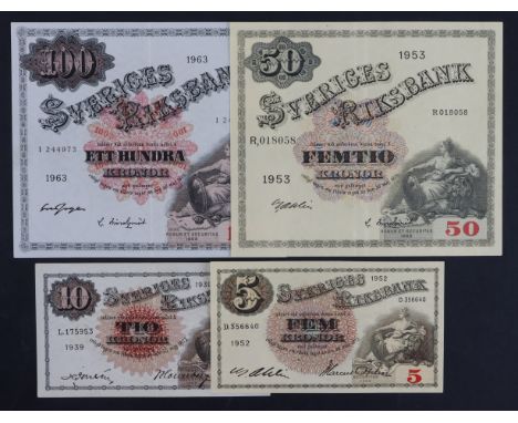 Sweden (4), 100 Kronor dated 1963, serial I 244973 (Pick48e) EF, 50 Kronor dated 1953, serial R 018058 (Pick35af) EF, 10 Kron