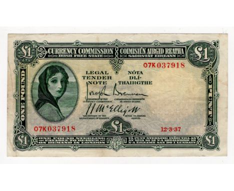 Ireland Republic 1 Pound Lady Lavery dated 12th March 1937, Currency Commission rarer early date of issue, Lady Lavery portra