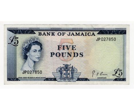Jamaica 5 Pounds dated law 1960, portrait Queen Elizabeth II at left, signed George Arthur Brown, serial JP 027850 (BNB B207d