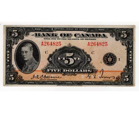 Canada 5 Dollars dated 1935, signed Osborne &amp; Towers, portrait Edward Prince of Wales at left, serial A264825 (BNB B305a,