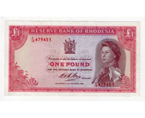 Rhodesia 1 Pound dated 14th October 1968, portrait Queen Elizabeth II at right, serial K/28 479451 (BNB B105d, Pick28d) VF