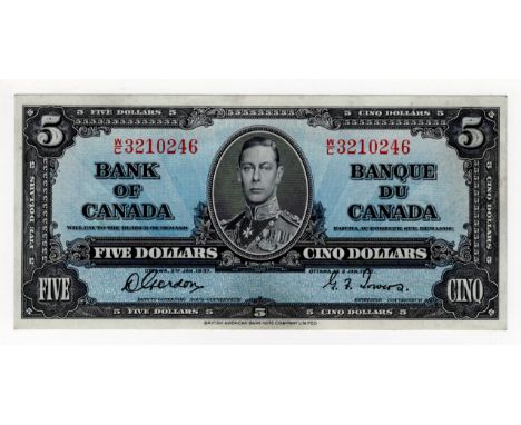 Canada 5 Dollars dated 2nd January 1937 signed Gordon &amp; Towers, portrait King George VI at centre, serial W/C 3210246 (BN