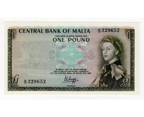 Malta 1 Pound issued 1968, Queen Elizabeth II portrait at right, signed P.L. Hogg, serial A/14 329652 (BNB B202a, Pick29a) Un