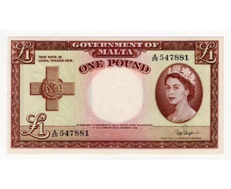 Malta 1 Pound issued 1954 (Law 1949), Queen Elizabeth II portrait, signed Shepherd, serial A/25 547881 (BNB B123b, Pick24b) E