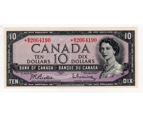 Canada 10 Dollars dated 1954 signed Beattie &amp; Raminsky, REPLACEMENT/STAR note, portrait Queen Elizabeth II at right, seri