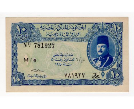 Egypt 10 Piastres dated 1940, signed Mahmoud Fahmy el Nokrashy, portrait King Farouk at right, serial M/6 781927 (BNB B213f, 