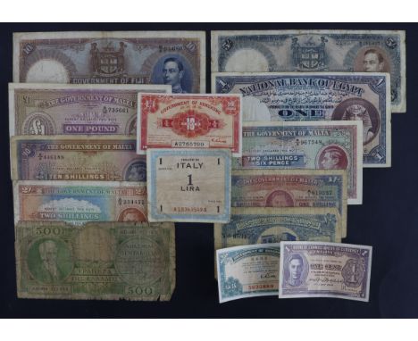 World (14), Fiji 10 Shillings 1940 and 5 Shillings 1942, King George VI portrait, Malta 1 Shilling, 2 Shillings, 2 Shillings 