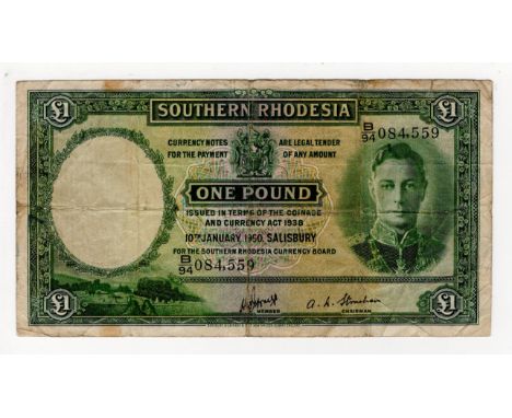 Southern Rhodesia 1 Pound dated 10th January 1950, portrait King George VI at right, serial B/94 084559 (BNB B104h3, Pick10e)