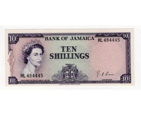 Jamaica 10 Shillings Law 1960 issued 1964, signed G.A. Brown, serial HL 484445 (BNB B205e, Pick51Be) light centre fold, EF+
