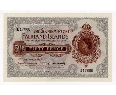Falkland Islands 50 Pence dated 25th September 1969, Queen Elizabeth II portrait at right, serial D17886 (BNB B215a, Pick10a)