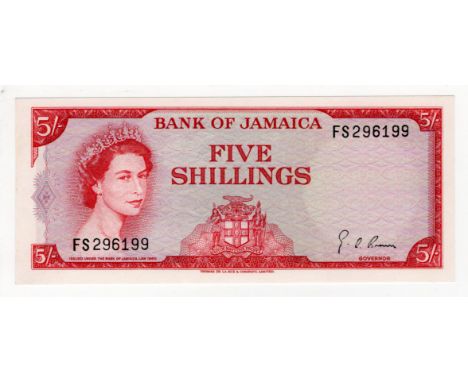 Jamaica 5 Shillings Law 1960 issued 1964, Queen Elizabeth II portrait, signed G.A. Brown, serial FS 296199 (BNB B204d, Pick51