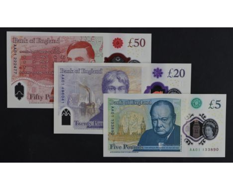 Sarah John &amp; Cleland (3), a group of FIRST RUN notes, Sarah John 50 Pounds polymer issue with portrait of Alan Turing on 
