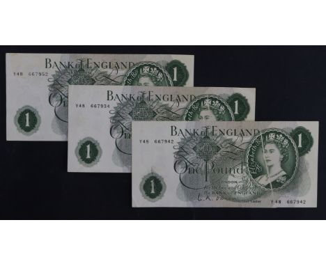 ERROR O'Brien 1 Pound (3) issued 1960, each with a strong diagonal gutter fold running through portrait of Queen, serial Y48 