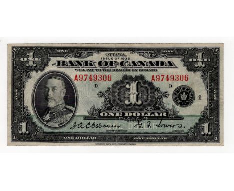Canada 1 Dollar dated 1935, signed Osborne &amp; Towers, portrait King George V at left, serial A9749306 (BNB B301a, Pick38) 