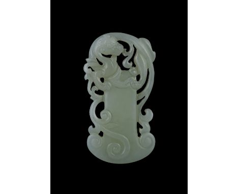 A Chinese white jade pendant 19th/20th Century in the form of a chi dragon scrolling a podium, 8cm high