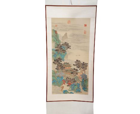 Chinese School 20th Century Scroll - Pagoda, pine trees and clouds in a misty landscape, 84cm x 43cm