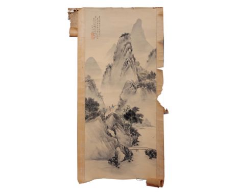 Chinese School A scroll depicting a mountain landscape with figures with inscription and seal