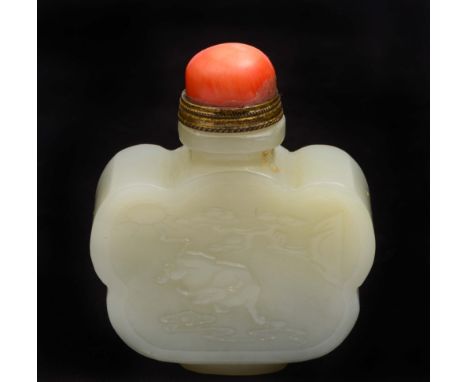 A Chinese mutton fat jade snuff bottle 1820-1860  of flower petal form decorated with panel decorated ox, stylised stream, pi