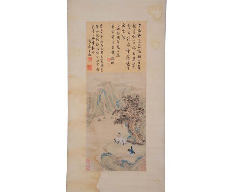 Chinese School 18th/19th Century Scroll - Scholar resting beneath a pine tree in a mountainous landscape with inscription and