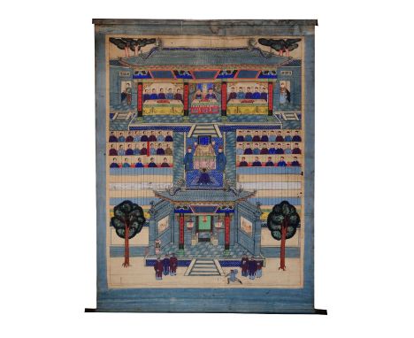 Chinese School 19th Century Scroll - Ancestral and court study, the figures set within a temple setting, 144cm x 210cm