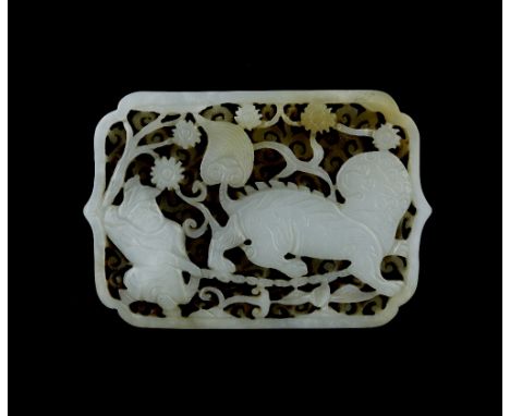 A Chinese white jade belt plaque 17th/18th Century pierced and carved in the form of a foreigner and qilin on a chain, 6cm x 