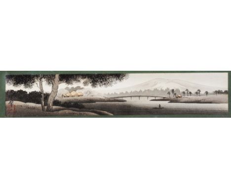 A Japanese coloured print late 19th Century river landscape, 30cm x 35cm