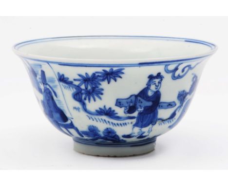 A Chinese blue and white porcelain bowl 18th/19th Century with scholars and other figures playing Go and games, the interior 