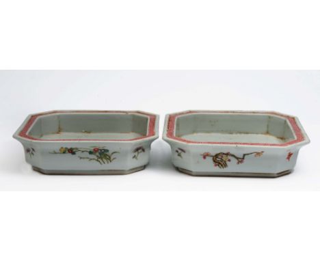 A pair of Chinese square stands Republic period each with simple enamel bamboo designs to the exterior, the tops with Greek K