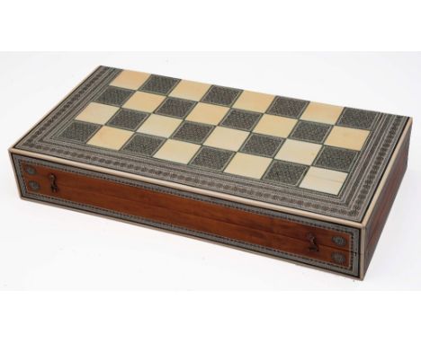 An Anglo-Indian Sedili bone-inlaid sandalwood chess and backgammon board 19th Century 45cm x 22cm closed