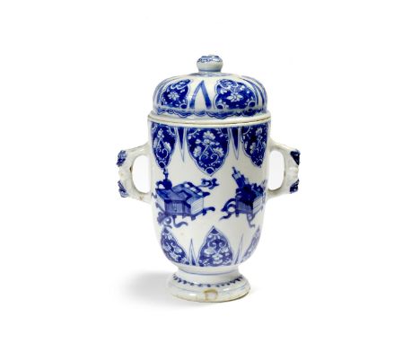 A Chinese blue and white cylindrical two handled beaker and cover Kangxi (1662-1722) the body decorated with four groups of c