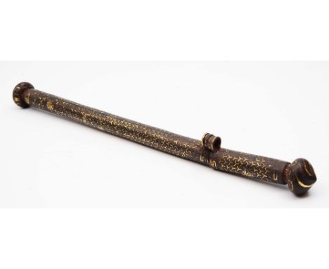 A Chinese inlaid metal scroll holder 18th/19th Century of cylindrical form with gold coloured inlay, 36cm