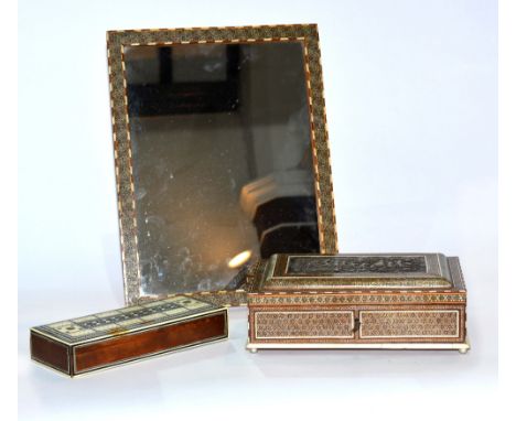 An Anglo-Indian Sedili bone-inlaid hardwood dome top box together with an inlaid mirror and cribbage box of the same style (3