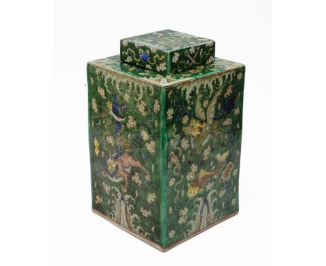 A Chinese famille verte square vase and cover circa 1900 each side with decoration of Ming Fu dogs and fish, Kangxi mark, 31c