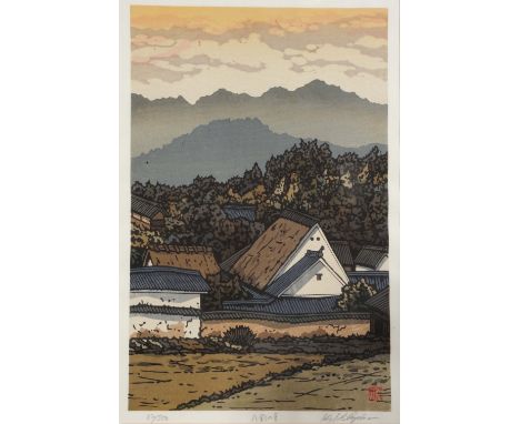 Nishijima Katsuyuki (Japanese, b.1945) Houses in Hacho, signed, titled, numbered 62/500, sealed in the print, woodblock, 40cm