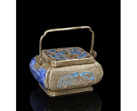 A Chinese silver and blue enamel incense burner 19th Century embossed overall with landscape and lotus flower panels, cover p