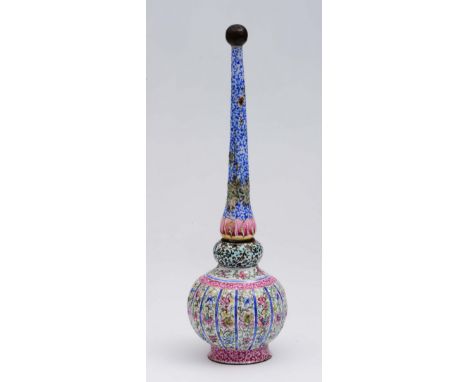 A Chinese Canton enamel rosewater sprinkler late 19th Century of Persian form with painted panels, 27.5cm NB:  Sold with a co
