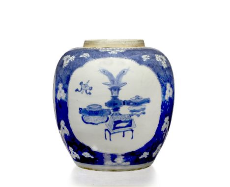 A Chinese blue and white ginger jar Kangxi (1662-1722) decorated with panels of antiques surrounded by a border of flowers, 2