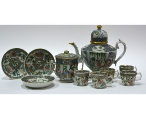 A Chinese famille verte part service circa 1800 to include a domed lidded teapot with panels of figures, a two handled sugar 