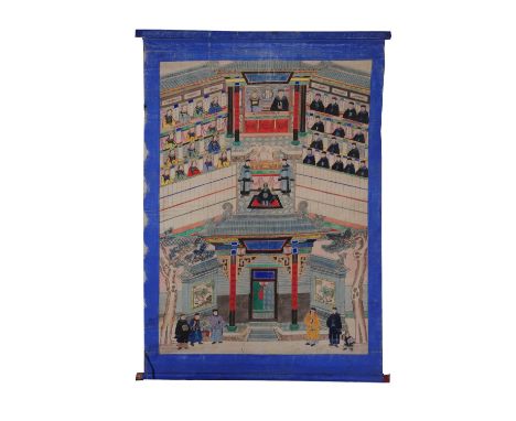 Chinese School 19th Century Scroll - Court scene with ancestral type studies, two figures set above an altar, 150cm x 100cm