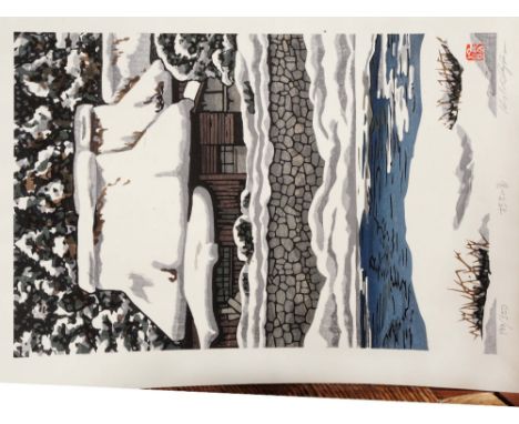 Nishijima Katsuyuki (Japanese, b.1945) Kutsugi in snow, signed, titled, numbered 192/500, sealed in the print, woodblock, 43c