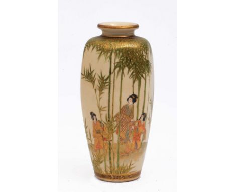 A Japanese Satsuma hexagonal tapering vase Meiji period (1868-1912) Geisha and children playing amongst bamboo, signed, 12.75