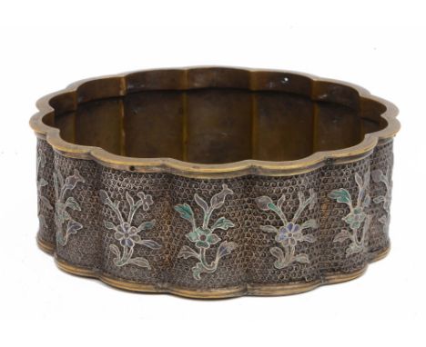 A Chinese metal brush washer 19th Century the exterior with filigree and coloured enamel flowers, 14cm